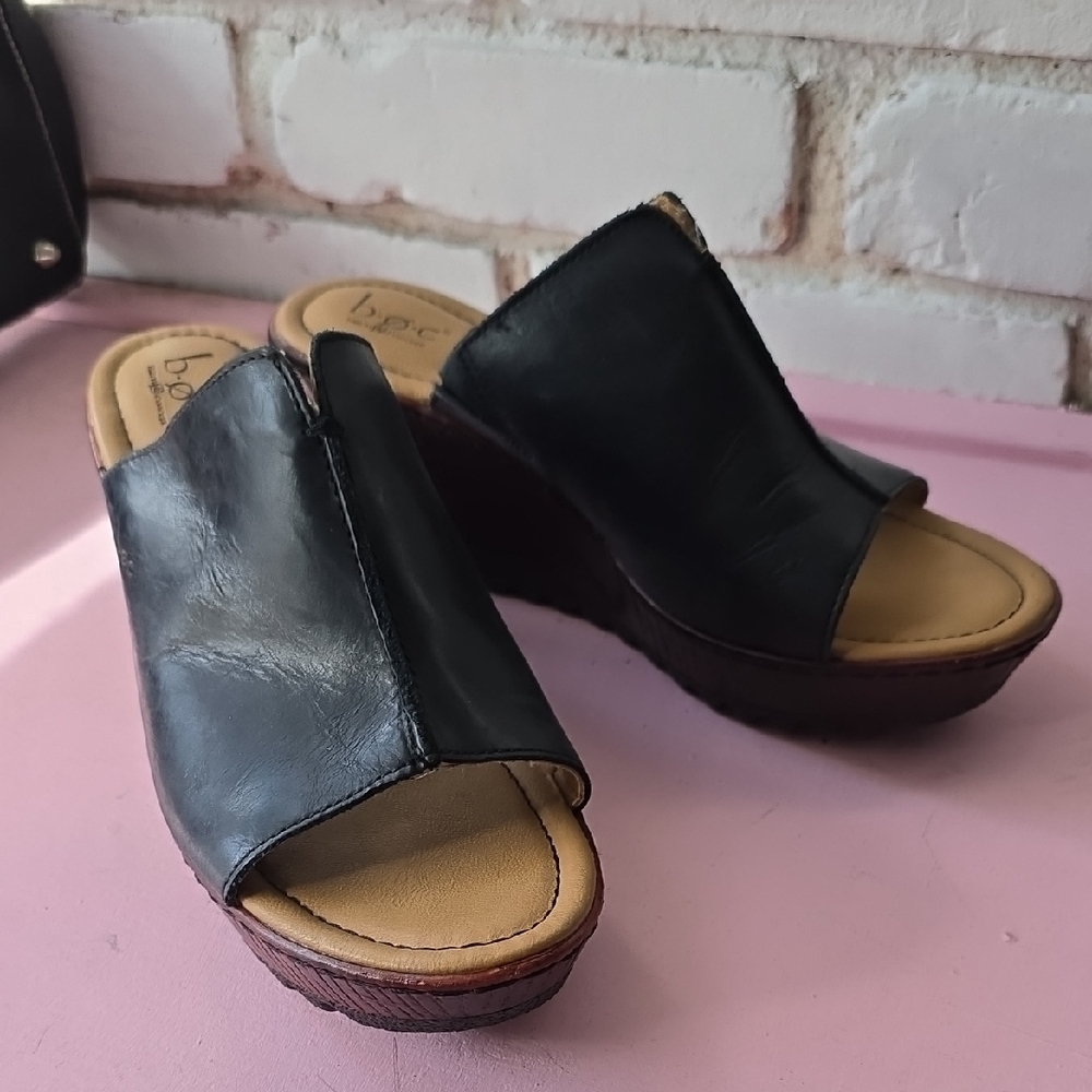 b.o.c. Black Leather Open-Toe Wedge Mules